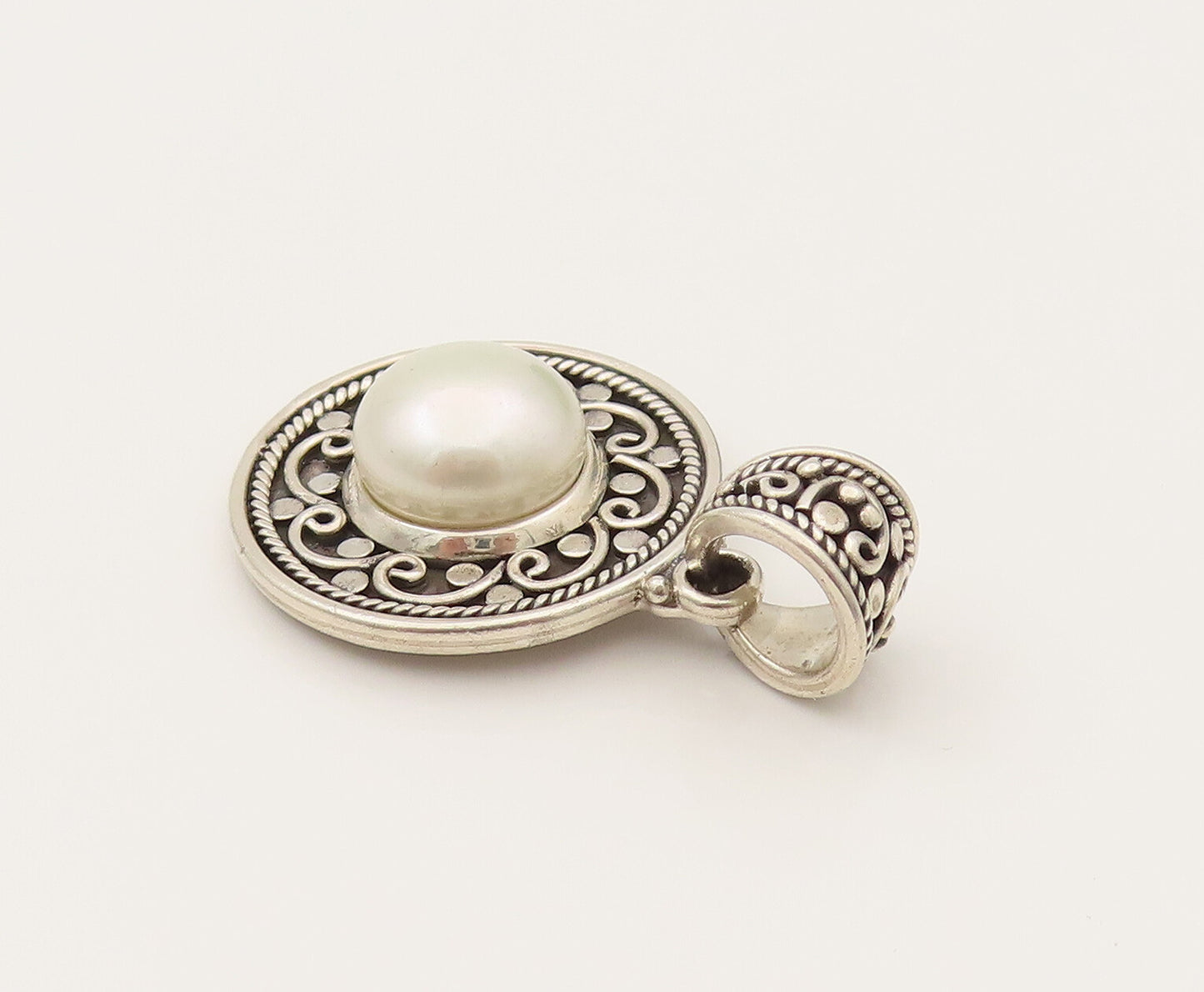 BALI 925 Silver  Vintage Swirl Flower & Freshwater Pearl Pendant  PT21966