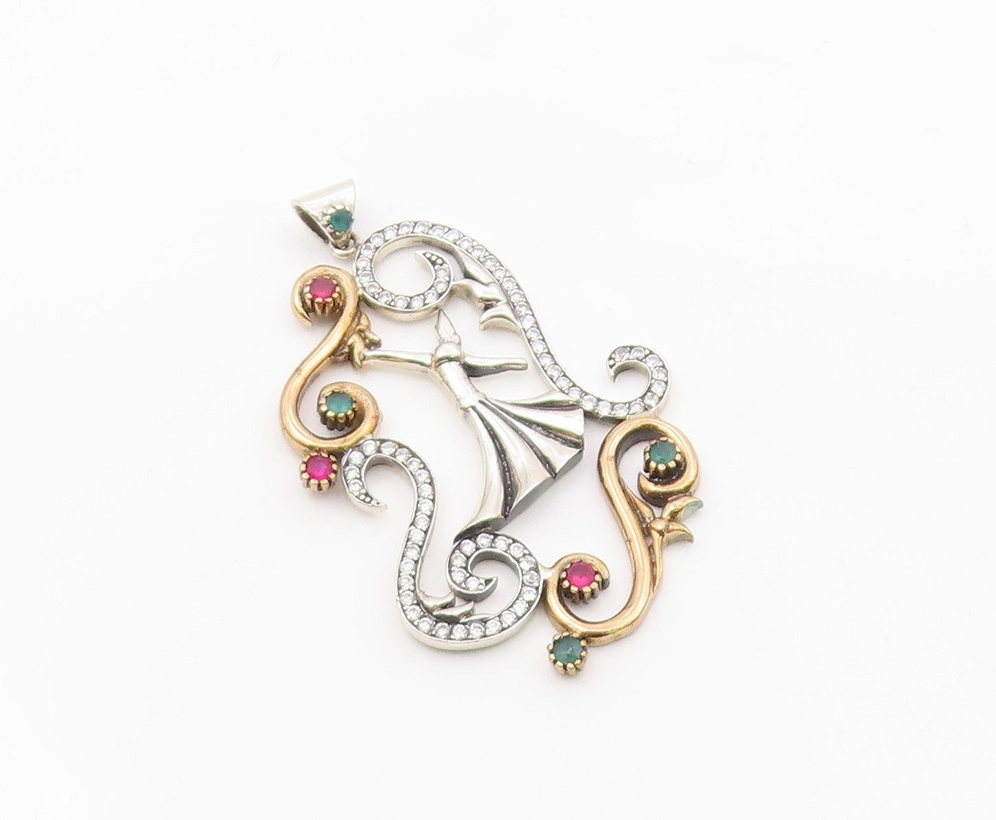 925 Sterling Silver  Pink Green & White Topaz Two Tone Swirl Pendant  PT10622