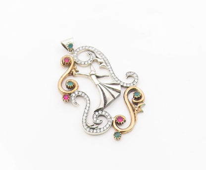 925 Sterling Silver  Pink Green & White Topaz Two Tone Swirl Pendant  PT10622