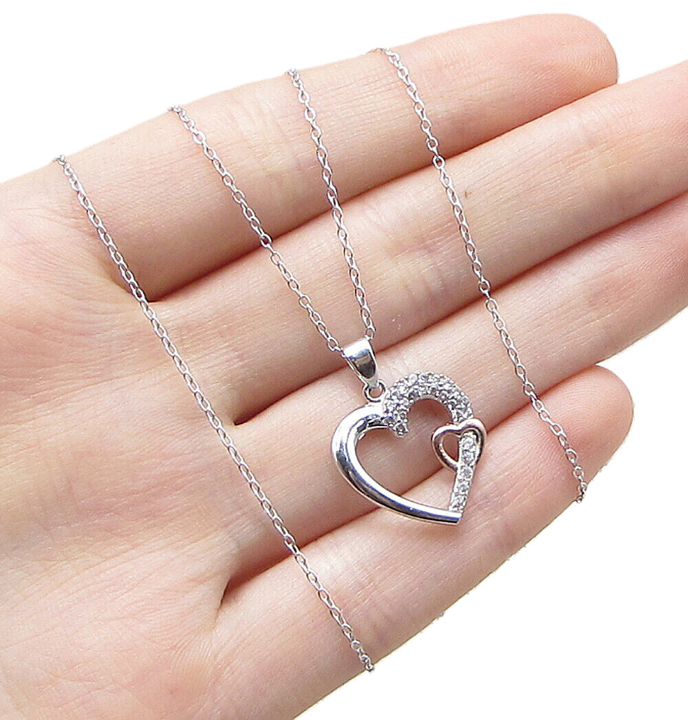 925 Sterling Silver Cubic Zirconia 2 Tone Love Heart Pendant & Chain PT1281