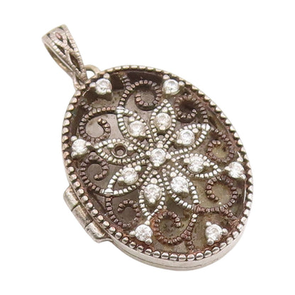 925 Sterling Silver Vintage Pendant CZ Floral Scrollwork Charm OPENS  PT25481