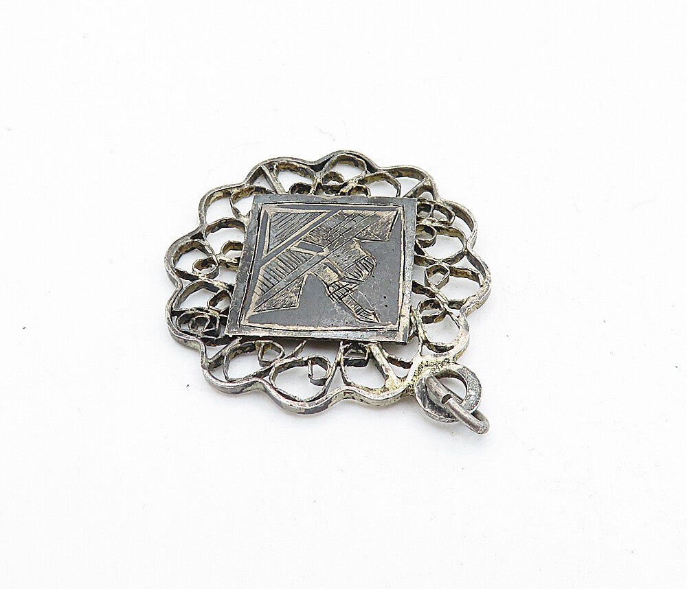 925 Sterling Silver  Vintage Antique Oxidized Etched Scene Pendant  PT3947
