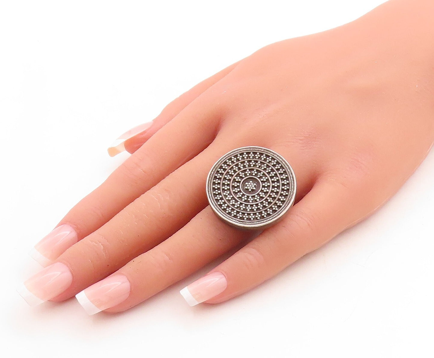 925 Sterling Silver Vintage Ring Dark Tone Beaded Round Design  Sz 6  RG31641