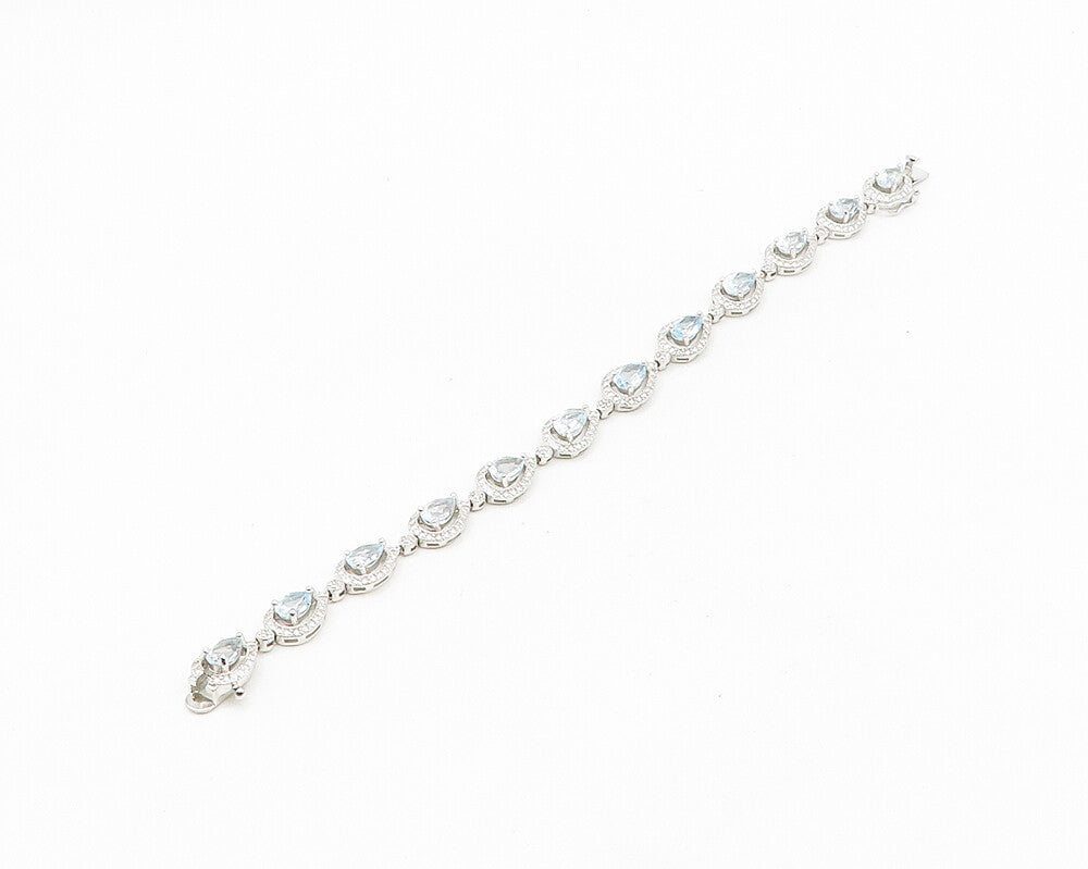 925 Sterling Silver  Shiny Genuine Diamond & Blue Topaz Chain Bracelet  BT7254