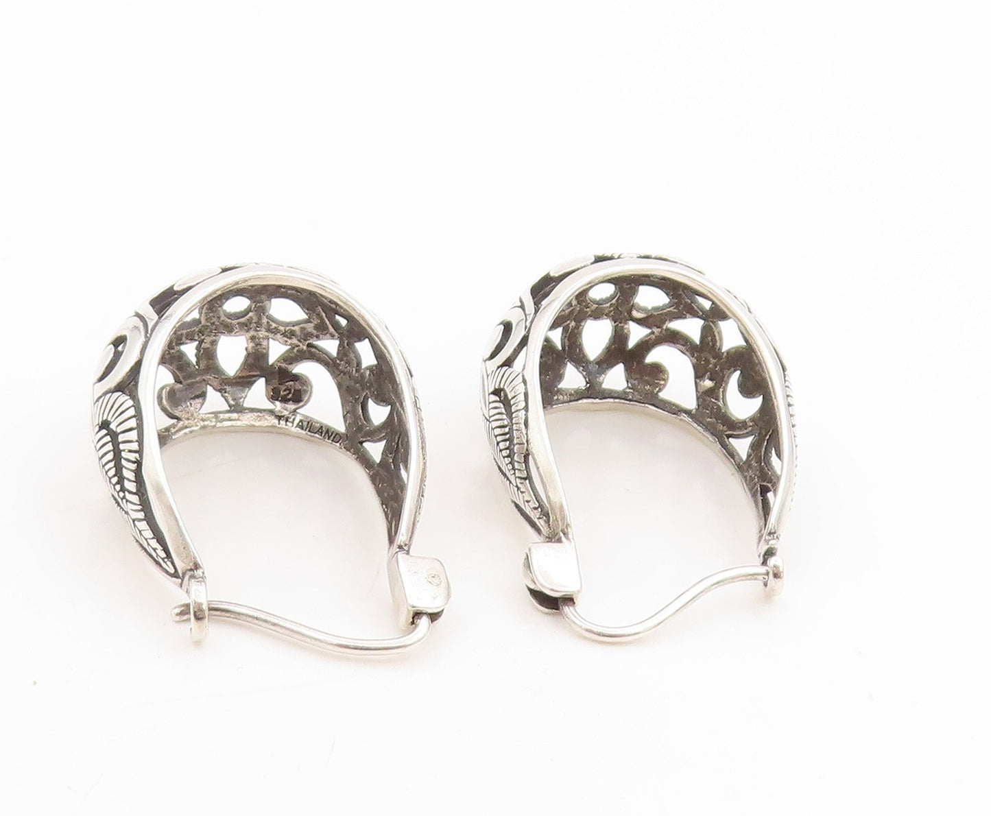 925 Sterling Silver Vintage Earrings Swirly Floral Petal Cut Out Hoops  EG13782