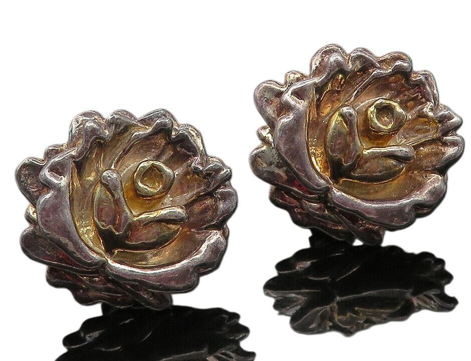 925 Sterling Silver  Vintage Sculpted Flower Motif Non Pierce Earrings  EG5871