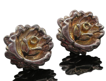 925 Sterling Silver  Vintage Sculpted Flower Motif Non Pierce Earrings  EG5871