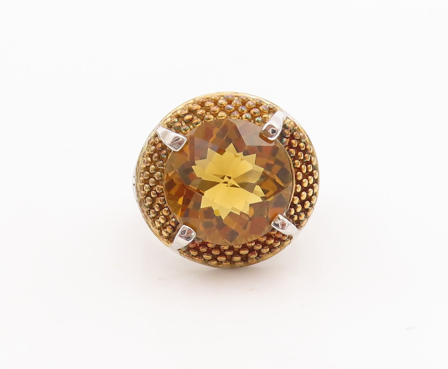 925 Sterling Silver Vintage Ring Gold Plated Beaded Round Citrine  Sz 7  RG29035