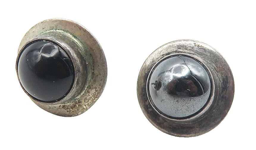925 Sterling Silver  Vintage Cabochon Hematite & Onyx Stud Earrings  EG6025
