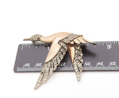 925 Sterling Silver Vintage Brooch Round CZ Flying Crane Bird Design  BP11879