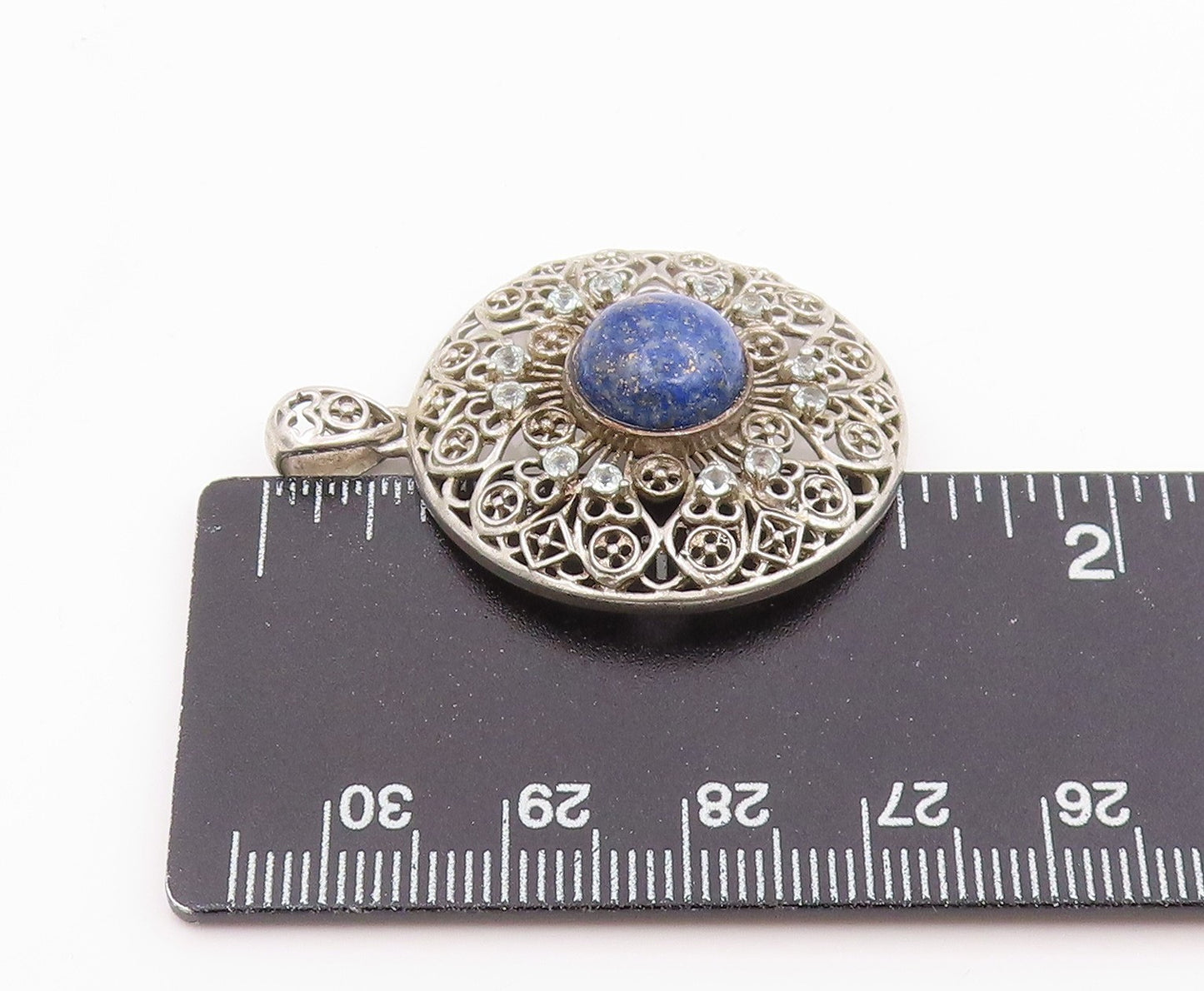 925 Sterling Silver Vintage Pendant Lapis Lazuli Intricate Openwork  PT26110