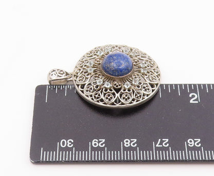 925 Sterling Silver Vintage Pendant Lapis Lazuli Intricate Openwork  PT26110