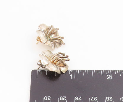 14k Gold & 925 Sterling Silver Vintage Earrings Modernist Floral Studs  EG13811