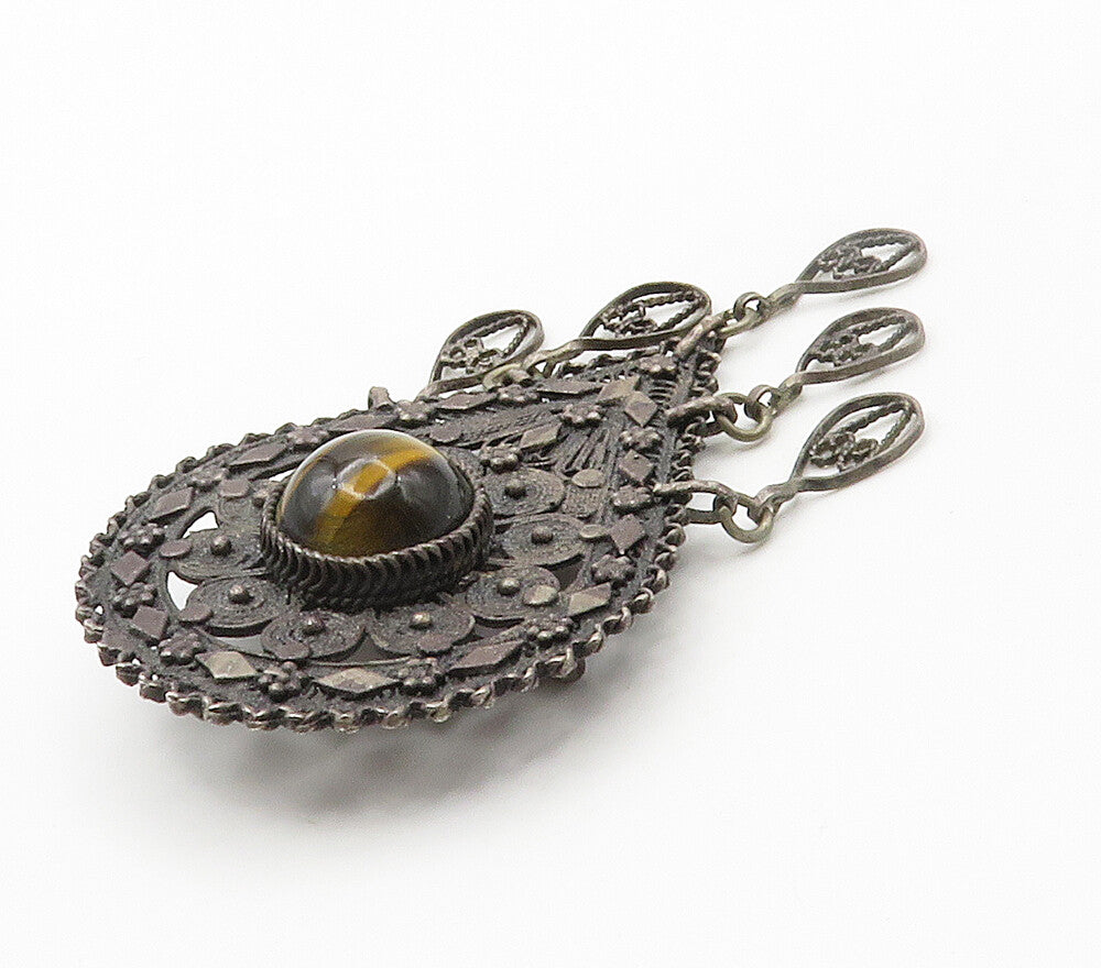925 Sterling Silver  Vintage Antique Tiger's Eye Floral Brooch Pin  BP6056