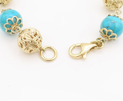 925 Sterling Silver Vintage Bracelet Cabochon Turquoise & Carved Spheres BT10269
