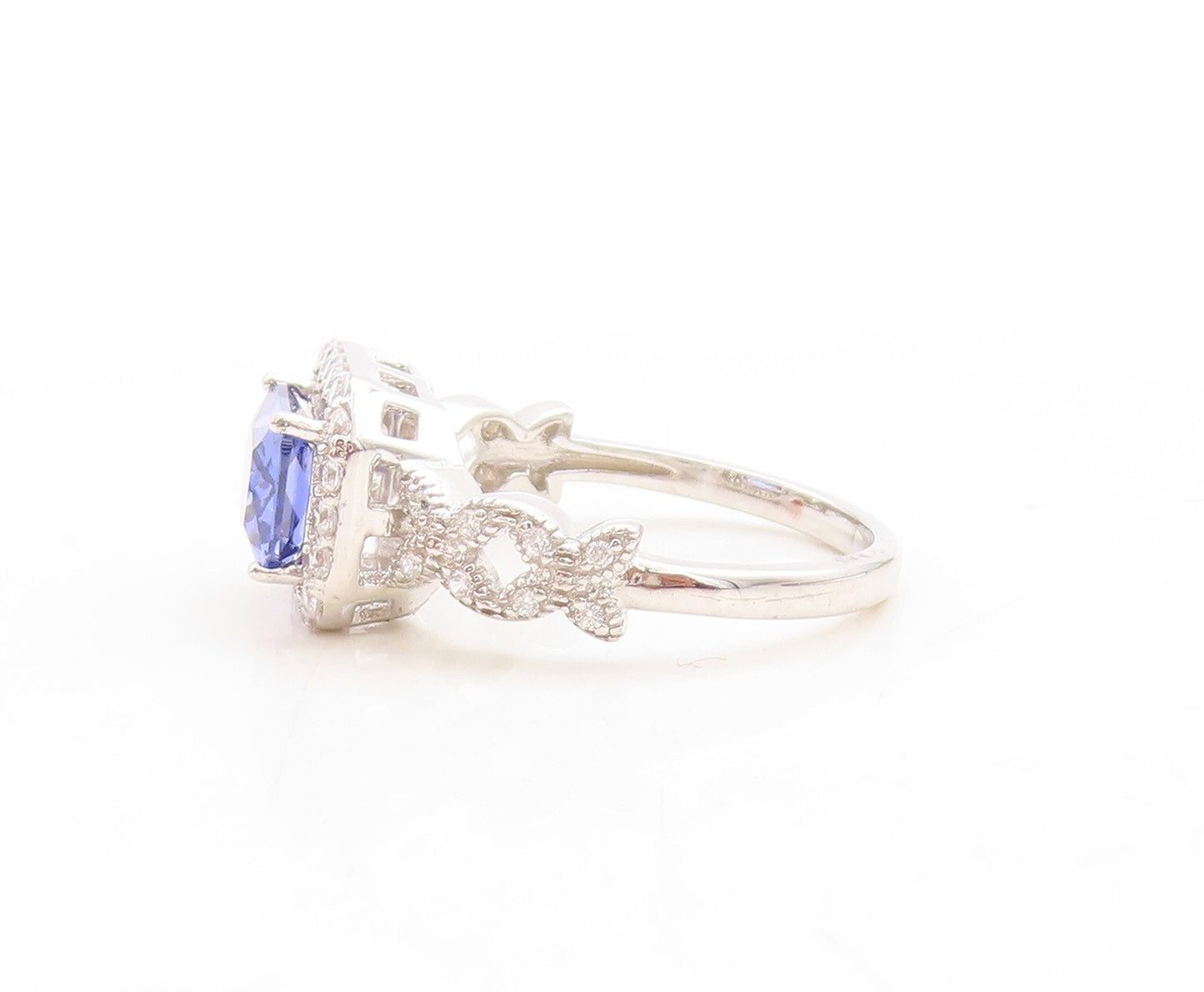 925 Sterling Silver Vintage Ring Rectangle Cut Sapphire Halo CZ  Sz 7  RG31379