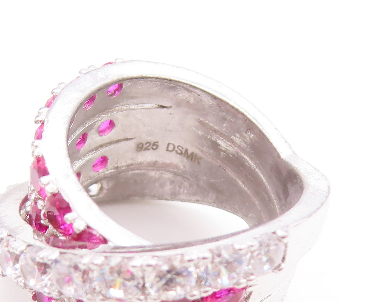 925 Sterling Silver Vintage Ring Designer Pink & White CZ Bands  Sz 6  RG29760