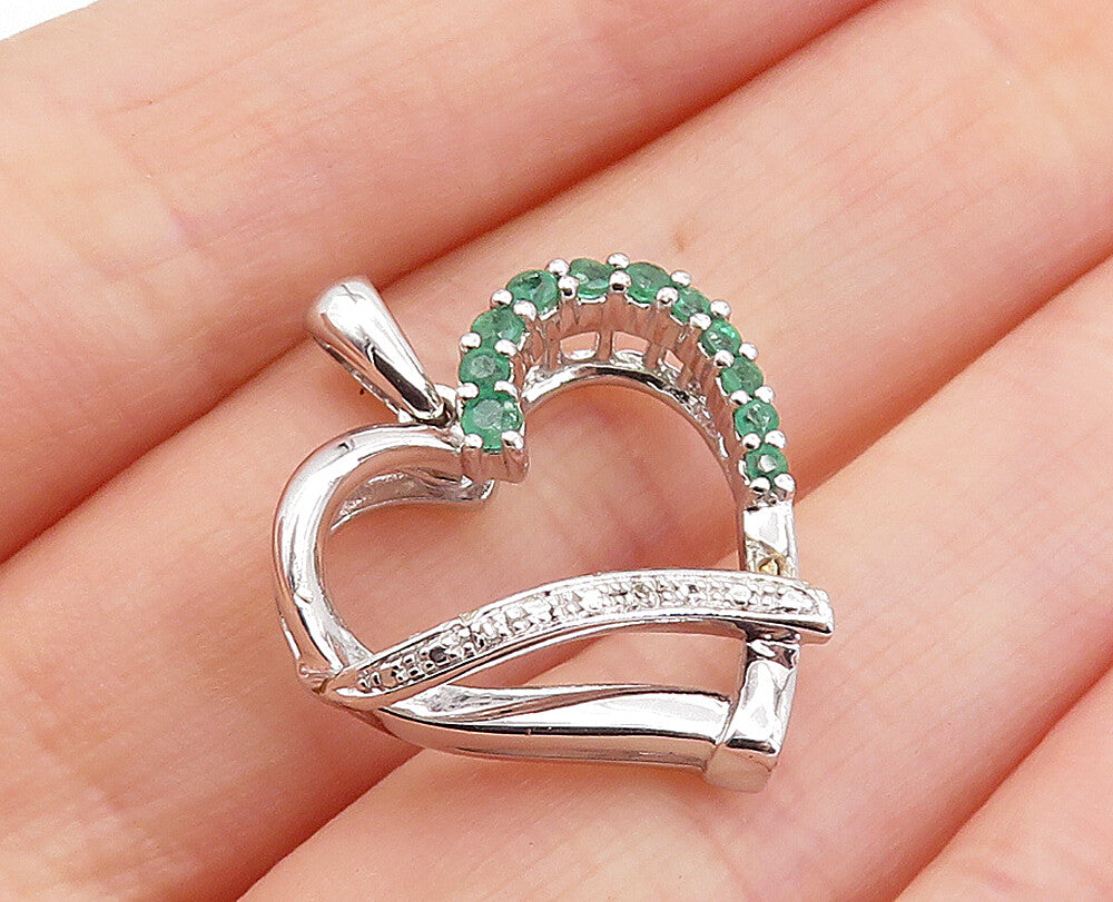 925 Sterling Silver  Genuine Diamonds & Green Topaz Love Heart Pendant  PT5716