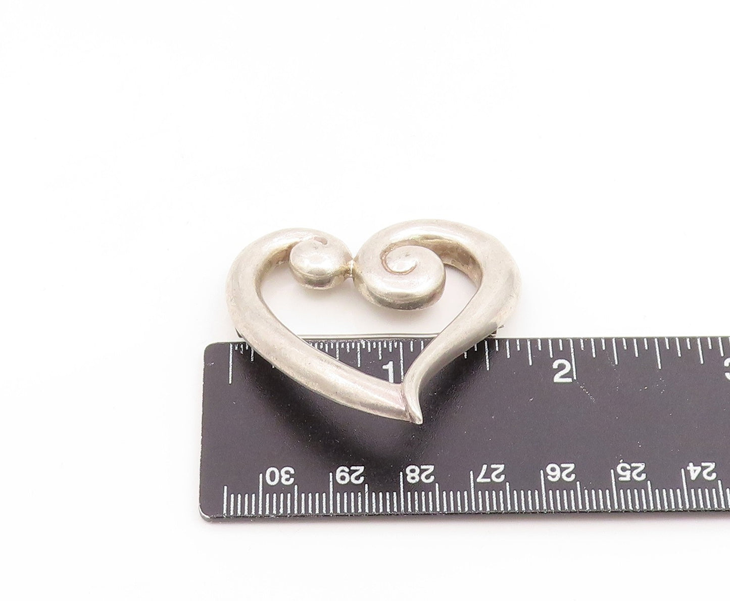 925 Sterling Silver Vintage Brooch Pin Modernist Swirly Open Love Heart  BP12388