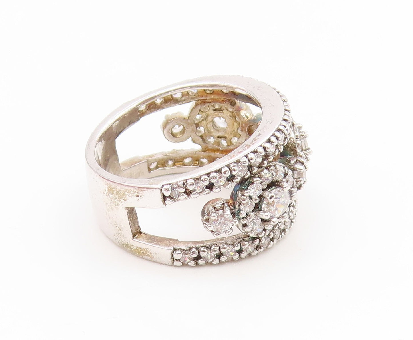 925 Sterling Silver Vintage Ring CZ Halo Circles Openwork Band  Sz 8  RG35148
