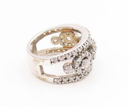 925 Sterling Silver Vintage Ring CZ Halo Circles Openwork Band  Sz 8  RG35148