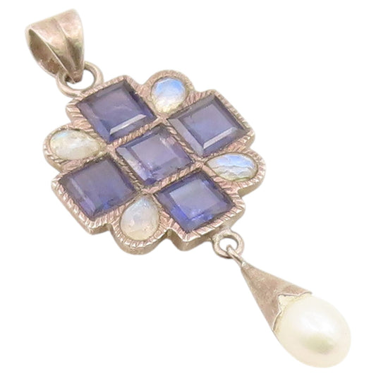 925 Sterling Silver Vintage Pendant Multi Gemstone Geometric Cross  PT26314