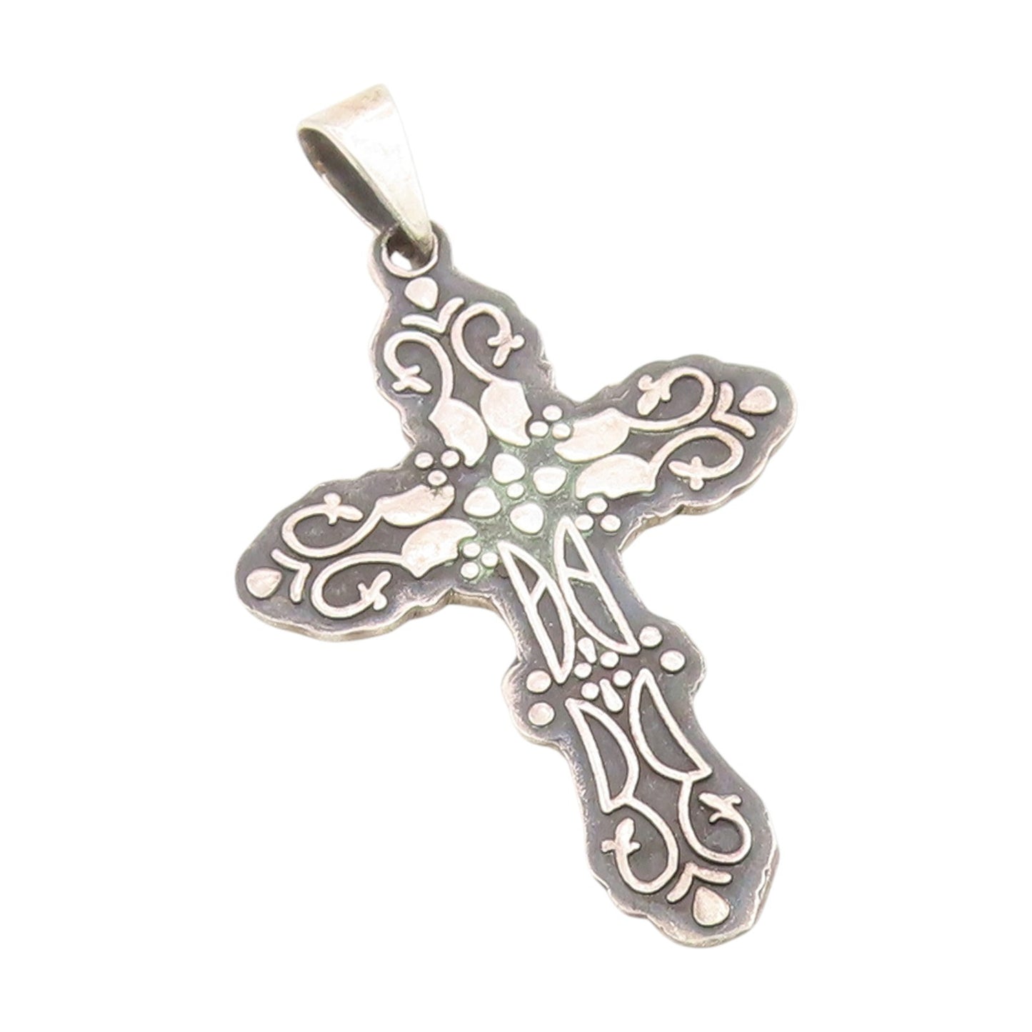 925 Sterling Silver Vintage Pendant MEXICO Engraved Religious Cross  PT25948