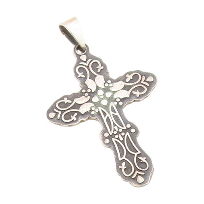 925 Sterling Silver Vintage Pendant MEXICO Engraved Religious Cross  PT25948