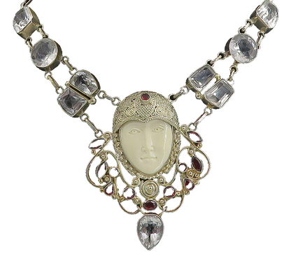 925 Silver  Vintage Red & White Topaz Carved Face Chain Necklace  NE1245