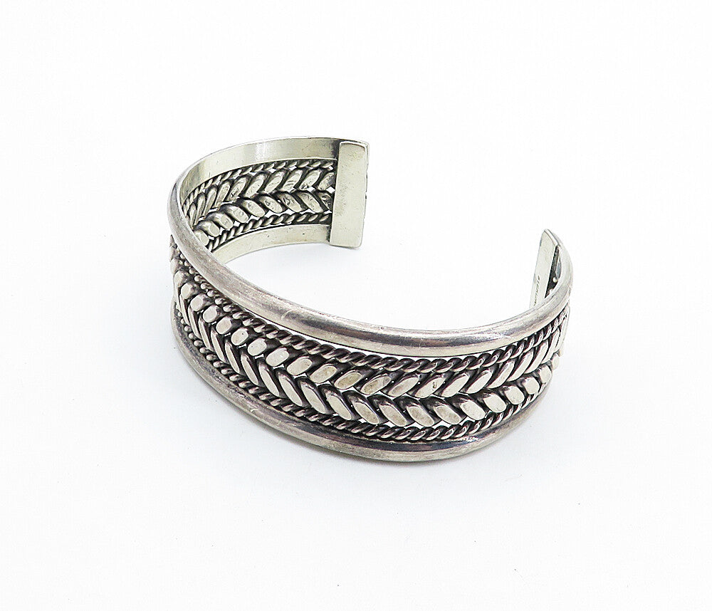 925 Sterling Silver  Vintage Dark Tone Wheat Twist Detail Cuff Bracelet BT2423