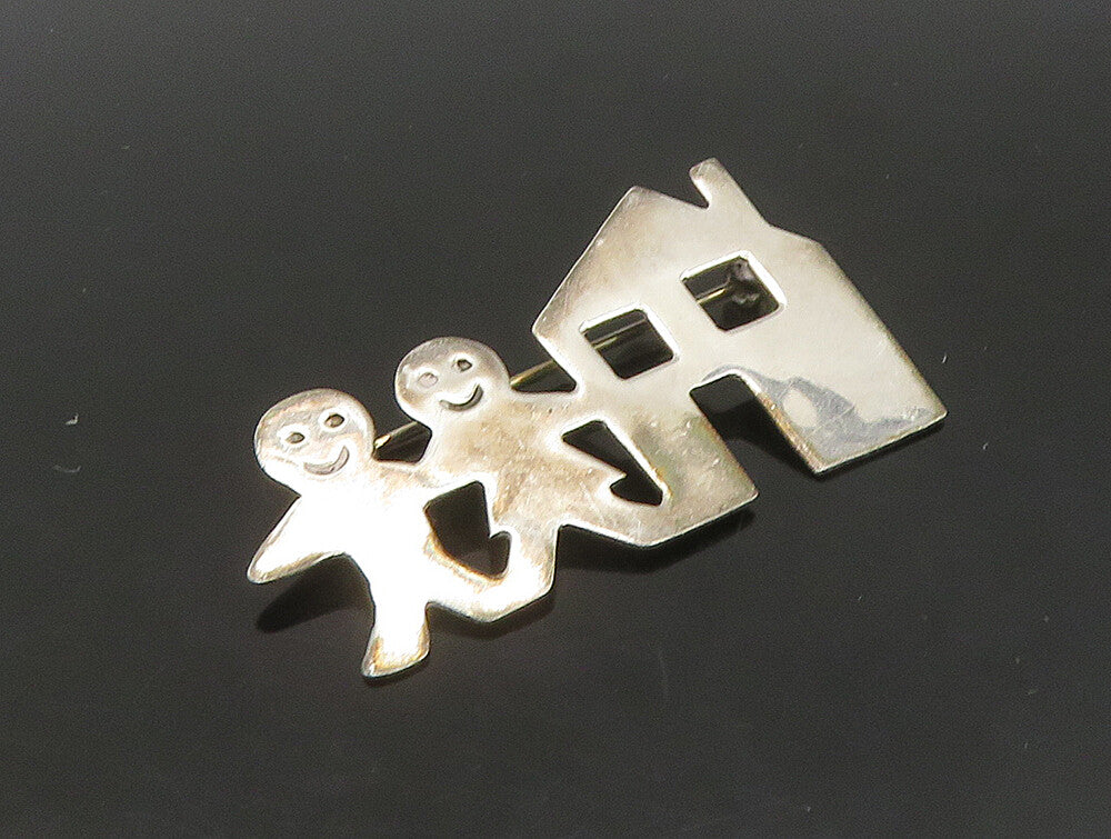 MEXICO 925 Sterling Silver  Vintage Shiny Boy & Girl House Brooch Pin  BP9249