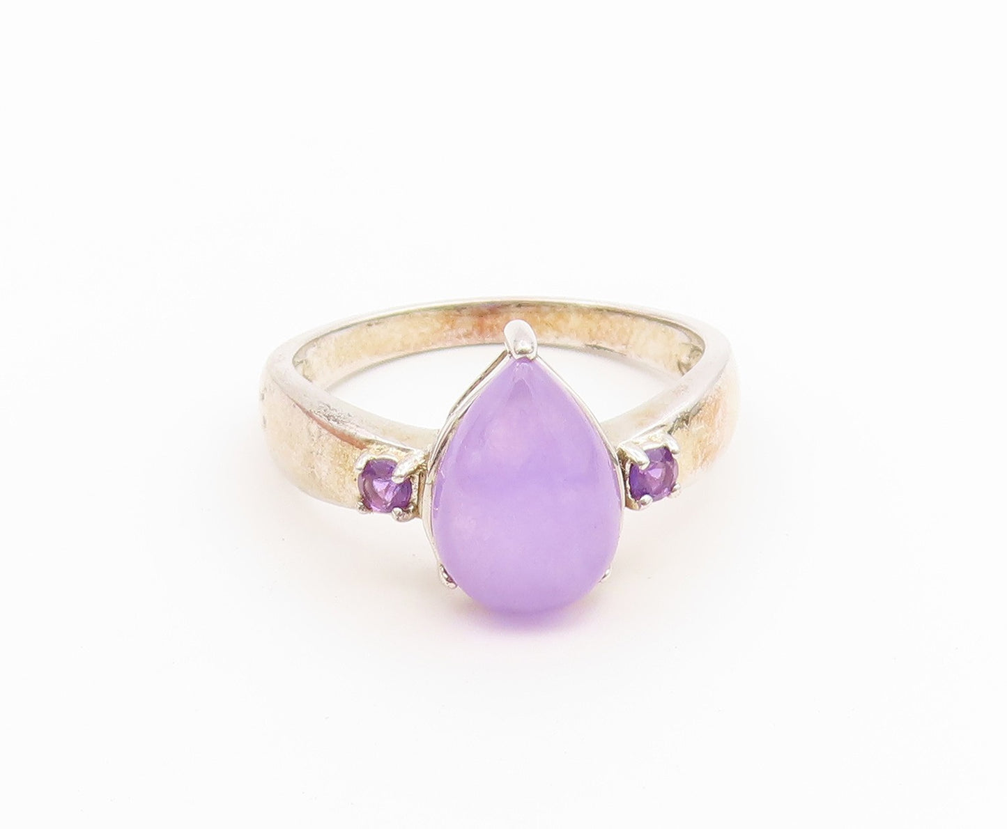 925 Sterling Silver Vintage Ring Pear Cut Jade & Amethyst Band  Sz 10  RG36891