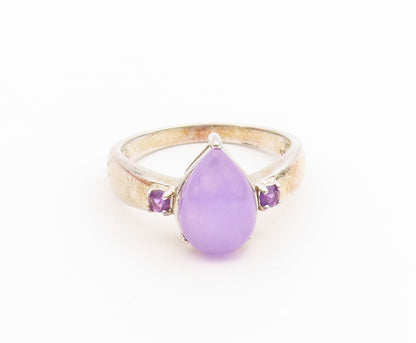 925 Sterling Silver Vintage Ring Pear Cut Jade & Amethyst Band  Sz 10  RG36891