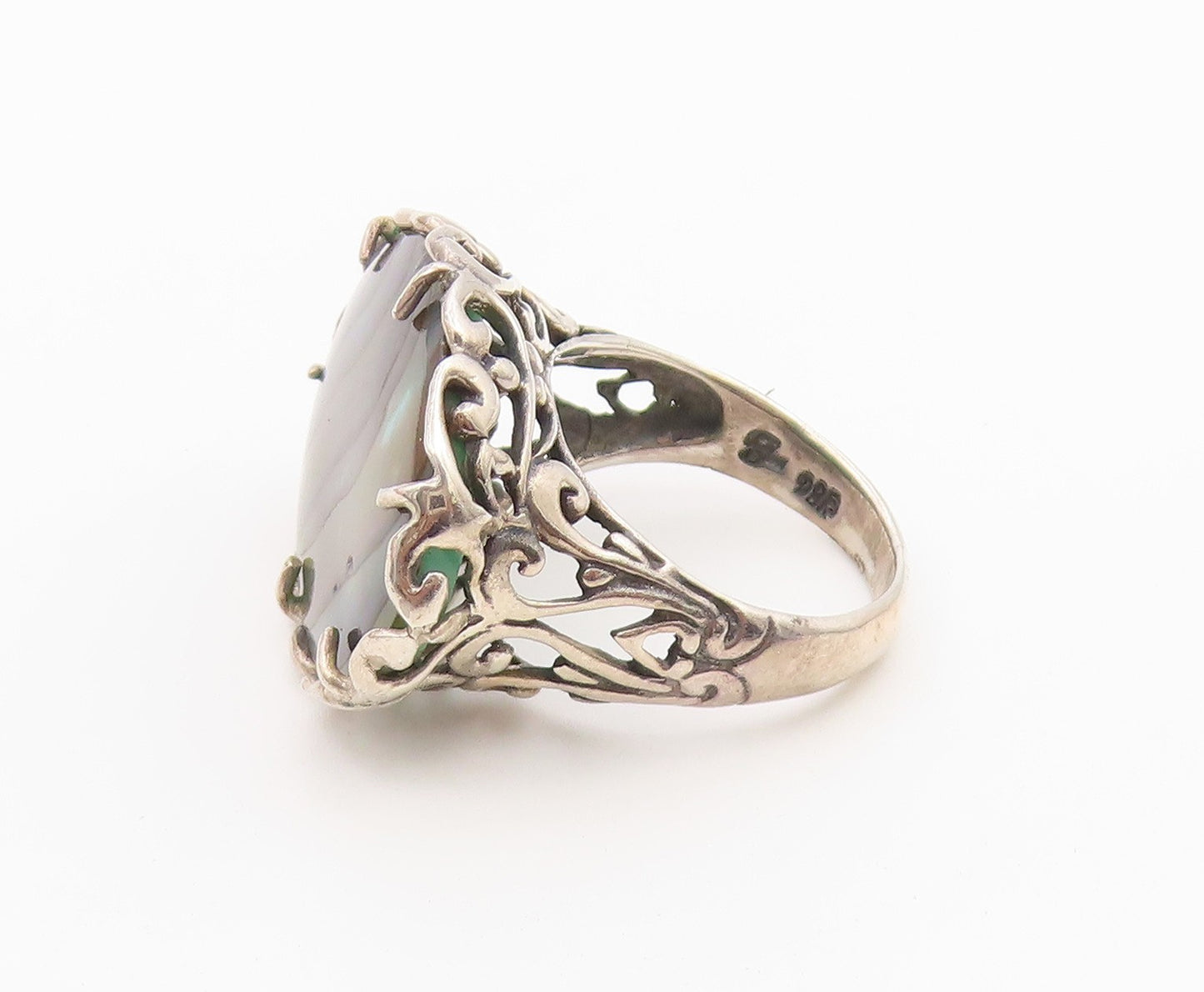 925 Sterling Silver Vintage Ring Classic Abalone Open Scrollwork  Sz 6  RG36503