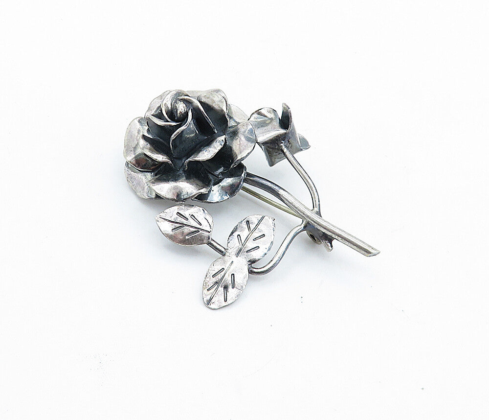 MEXICO 925 Sterling Silver  Vintage Oxidized Sculpted Flower Brooch Pin BP2730