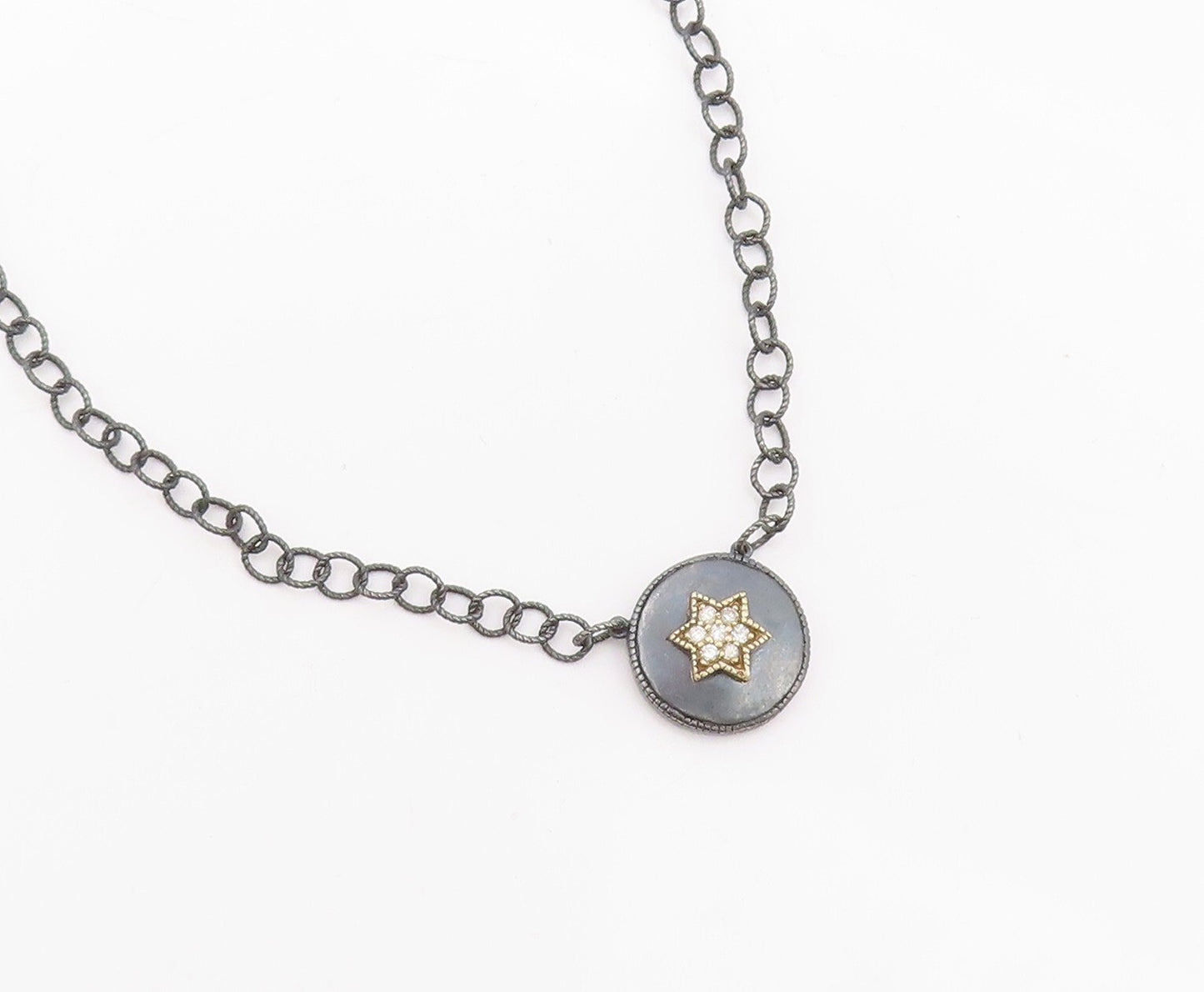 14k Gold 925 Sterling Silver Vintage Necklace Dark Tone Enameled CZ Star  NE4438
