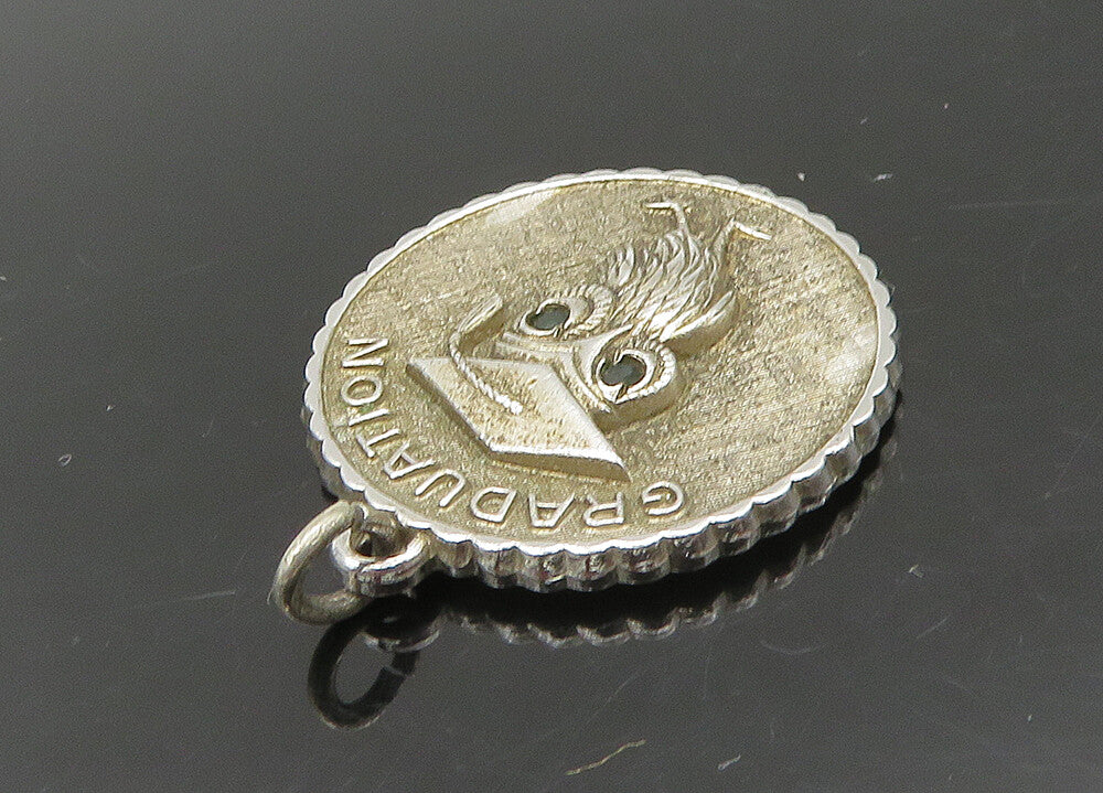 925 Sterling Silver  Vintage Spinel Eyes Graduation Owl Pendant  PT18919