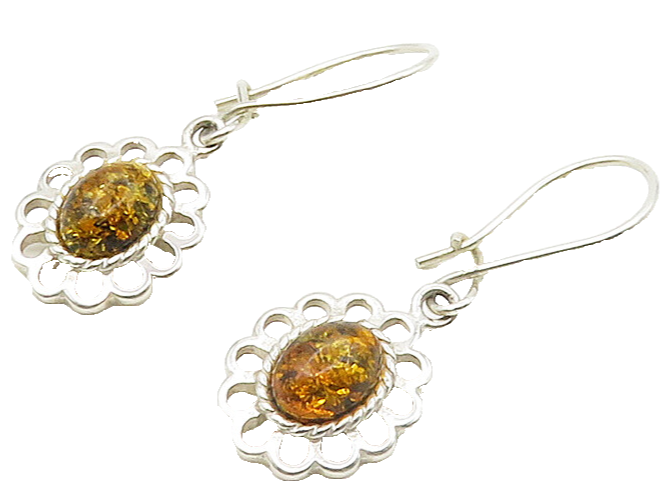 925 Sterling Silver  Cabochon Cut Amber Floral Motif Dangle Earrings  EG8407