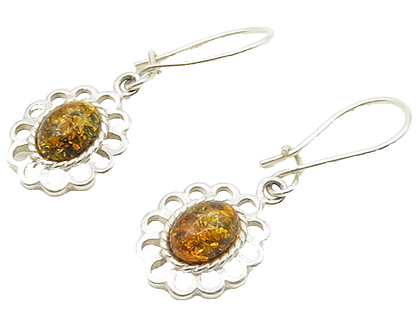 925 Sterling Silver  Cabochon Cut Amber Floral Motif Dangle Earrings  EG8407