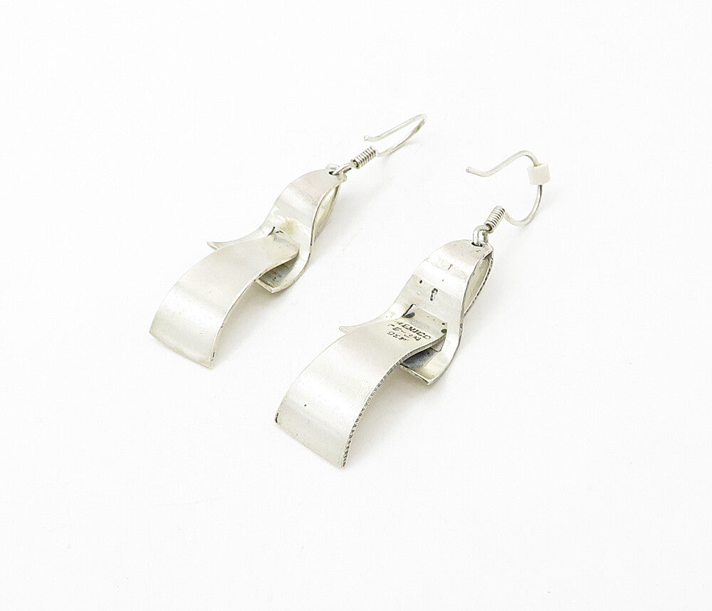 MEXICO 925 Silver  Vintage Shiny Hammered Detail Dangle Earrings  EG3961