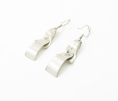 MEXICO 925 Silver  Vintage Shiny Hammered Detail Dangle Earrings  EG3961