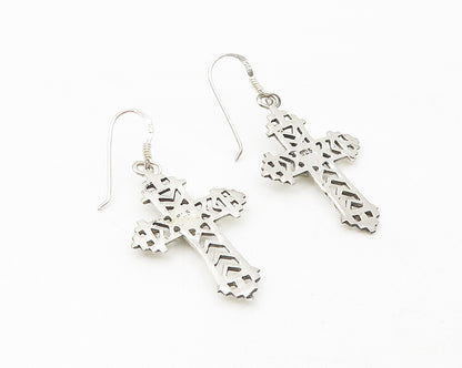 925 Sterling Silver  Shiny Inlaid Jasper Religious Cross Drop Earrings  EG5725