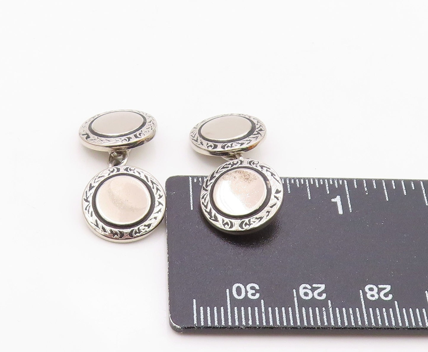 925 Sterling Silver  Vintage Shiny Etched Border Round Cuff Links  TR2102
