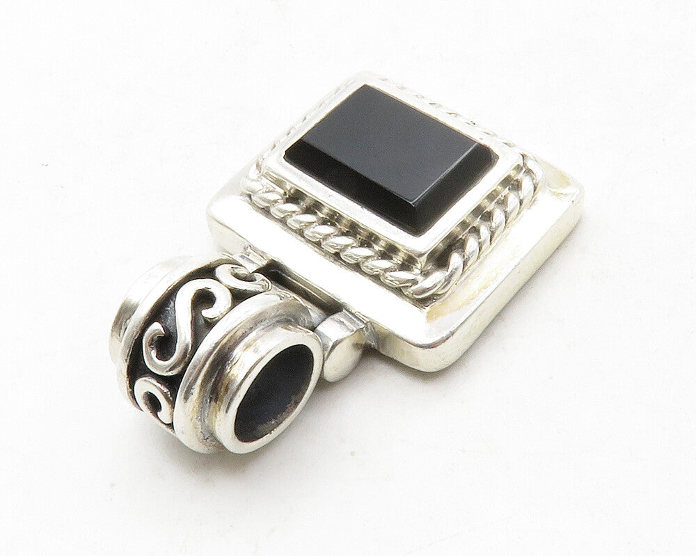 925 Sterling Silver  Vintage Black Onyx Square Swirl Bail Pendant  PT10418