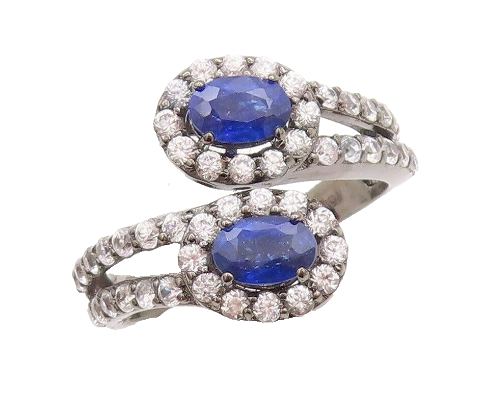925 Sterling Silver Vintage Ring Bypass Oval Sapphire & Topaz  Sz 9  RG29712