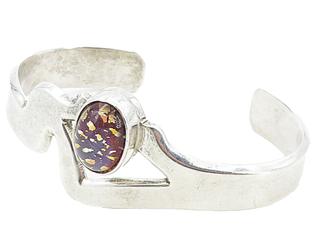 TAXCO 925 Sterling Silver  Vintage Glass Art Shiny Open Cuff Bracelet  BT3548
