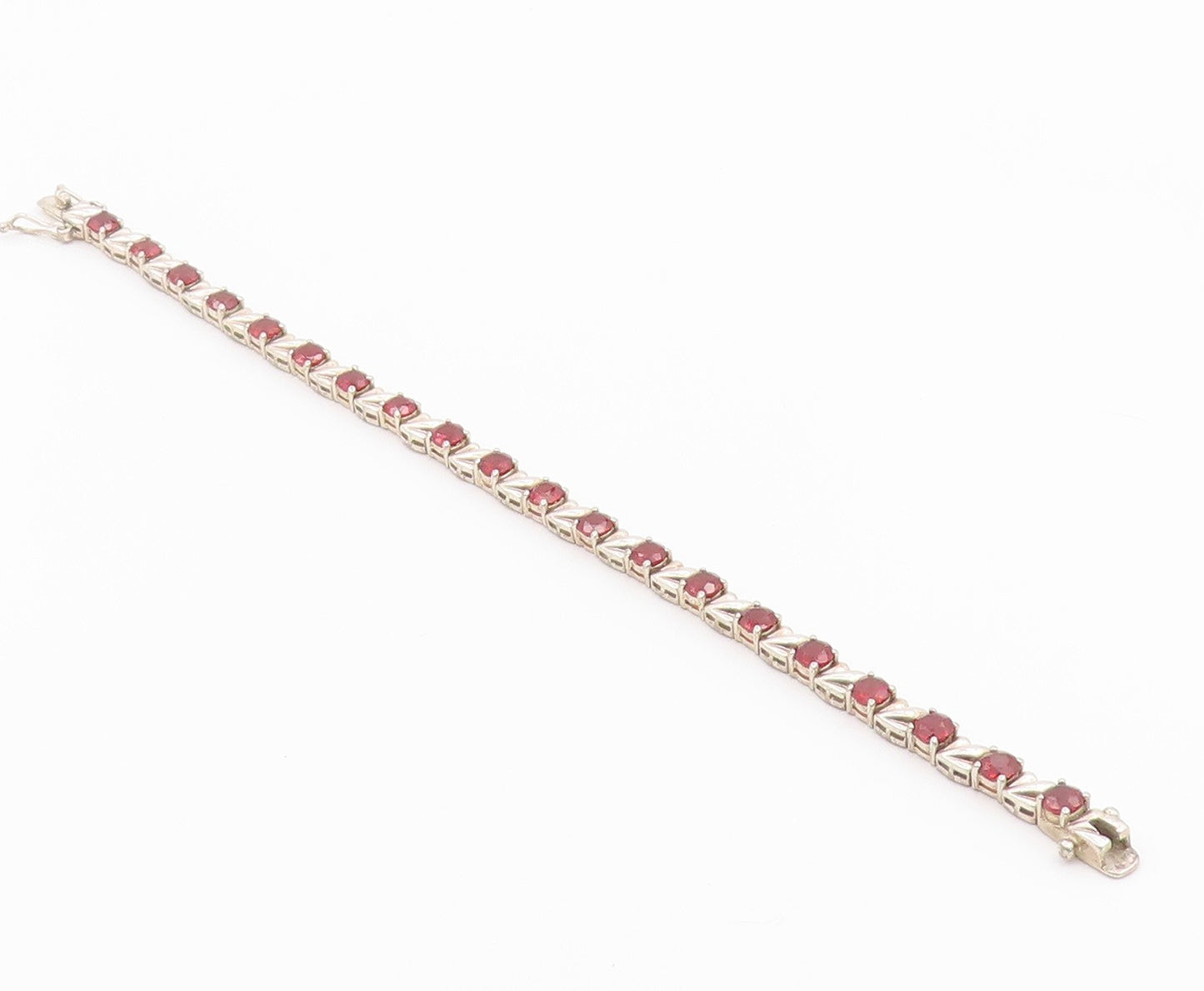 925 Sterling Silver Vintage Bracelet Classic Round Cut Garnet Link  BT12174