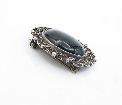 MEXICO 925 Sterling Silver  Vintage Cabochon Cut Black Onyx Brooch Pin  BP1684