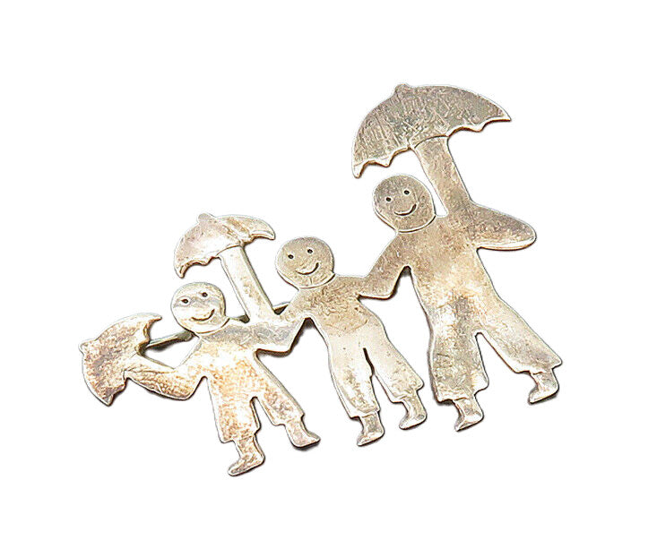 MEXICO 925 Sterling Silver  Vintage Family With Umbrellas Brooch Pin  BP8364