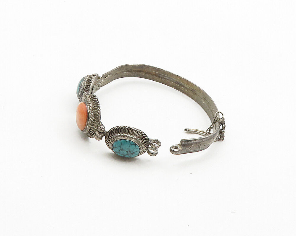 925 Sterling Silver Vintage Turquoise & Rhodochrosite Bangle Bracelet BT7879